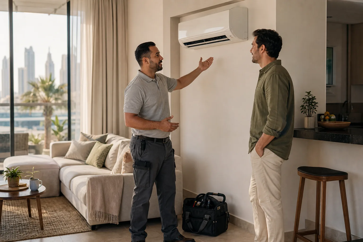 A technician explains a completed air conditioning repair to a homeowner